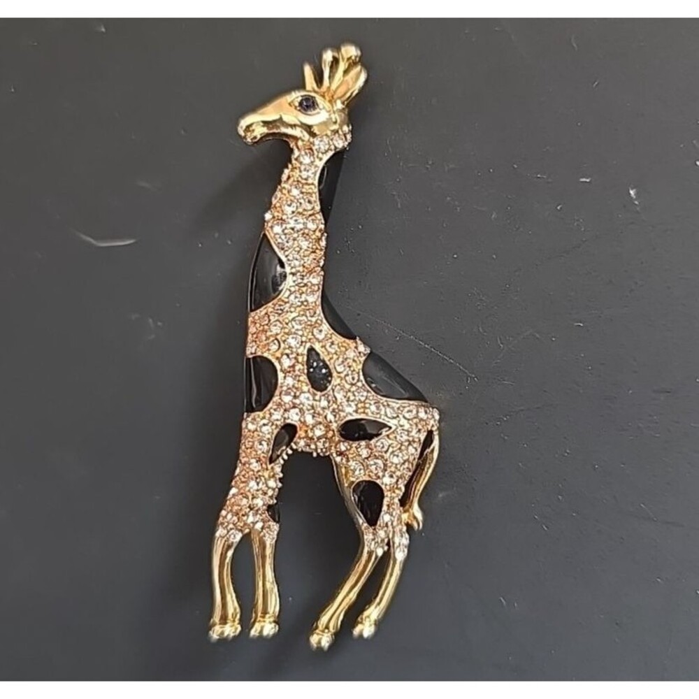 Vintage Gold Tone Giraffe Brooch Black Enamel Rhinestone Animal Pin 2.75"